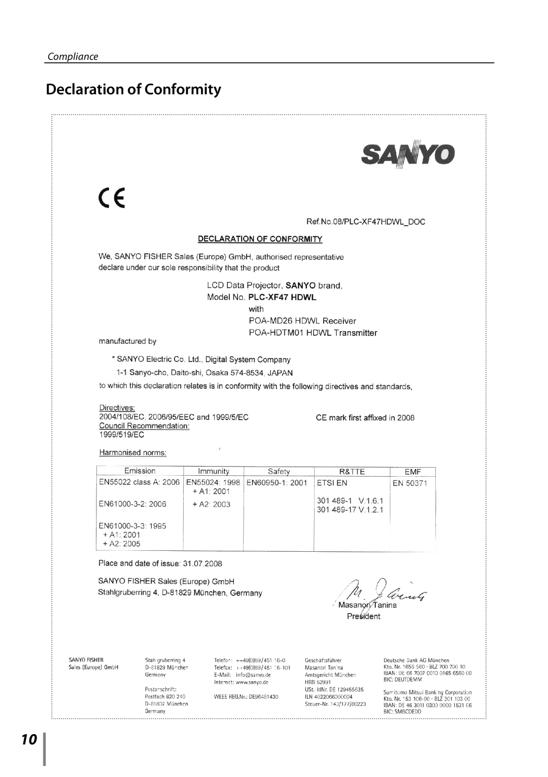 Sanyo POA-HDTM01 owner manual Declaration of Conformity 