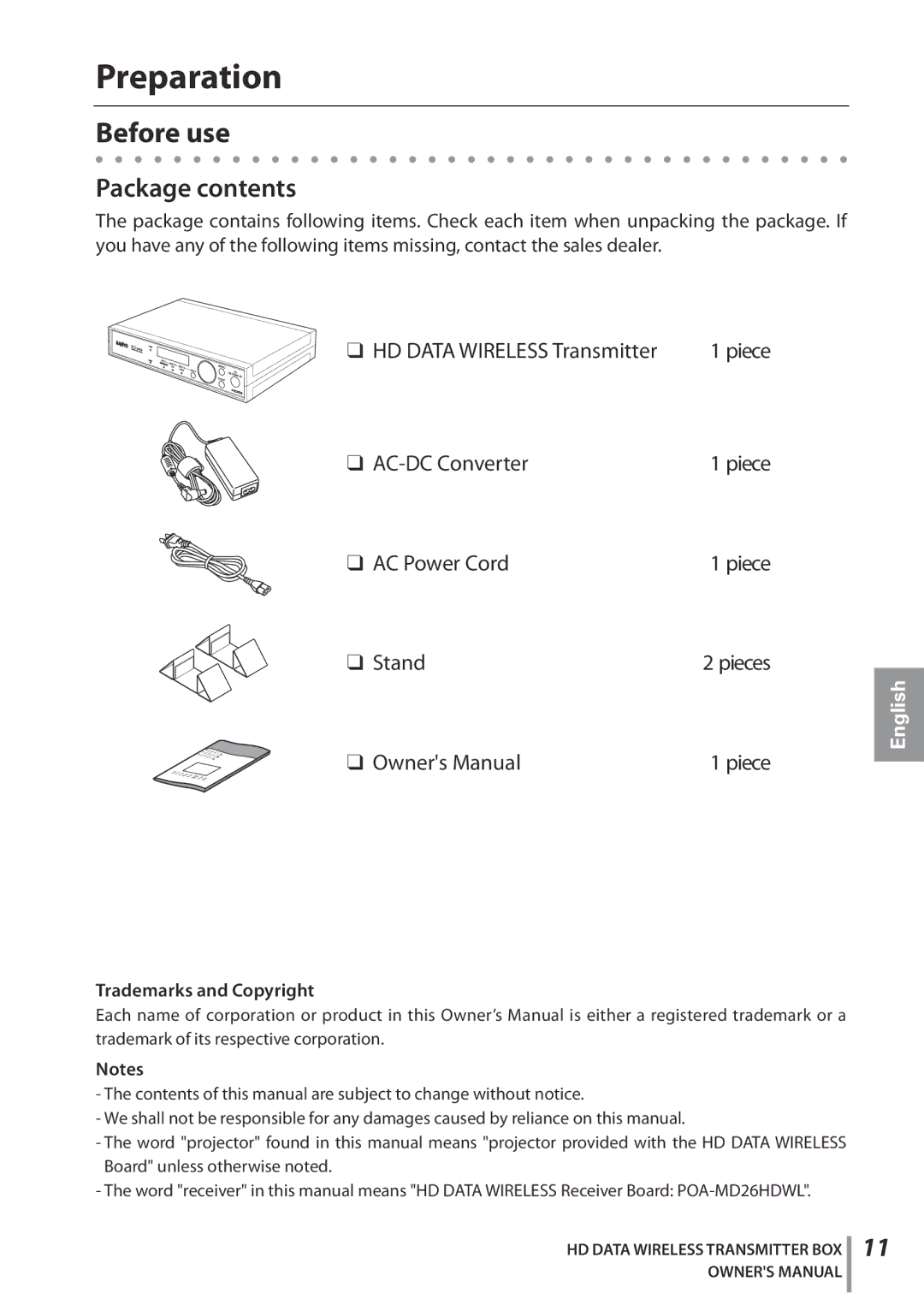 Sanyo POA-HDTM01 owner manual Preparation, Before use, Package contents 