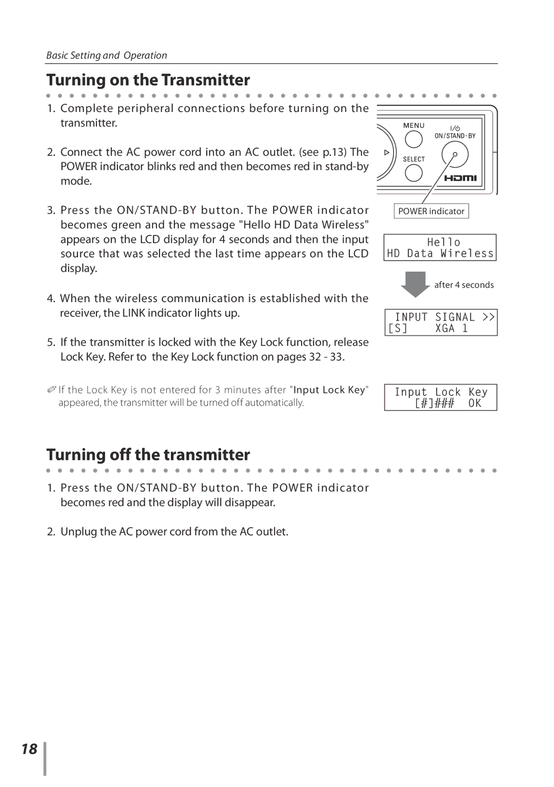 Sanyo POA-HDTM01 owner manual Turning on the Transmitter, Turning off the transmitter 