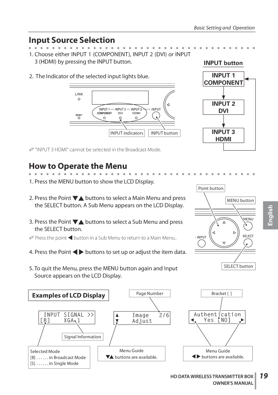 Sanyo POA-HDTM01 owner manual Input Source Selection, How to Operate the Menu, Input button, Examples of LCD Display 