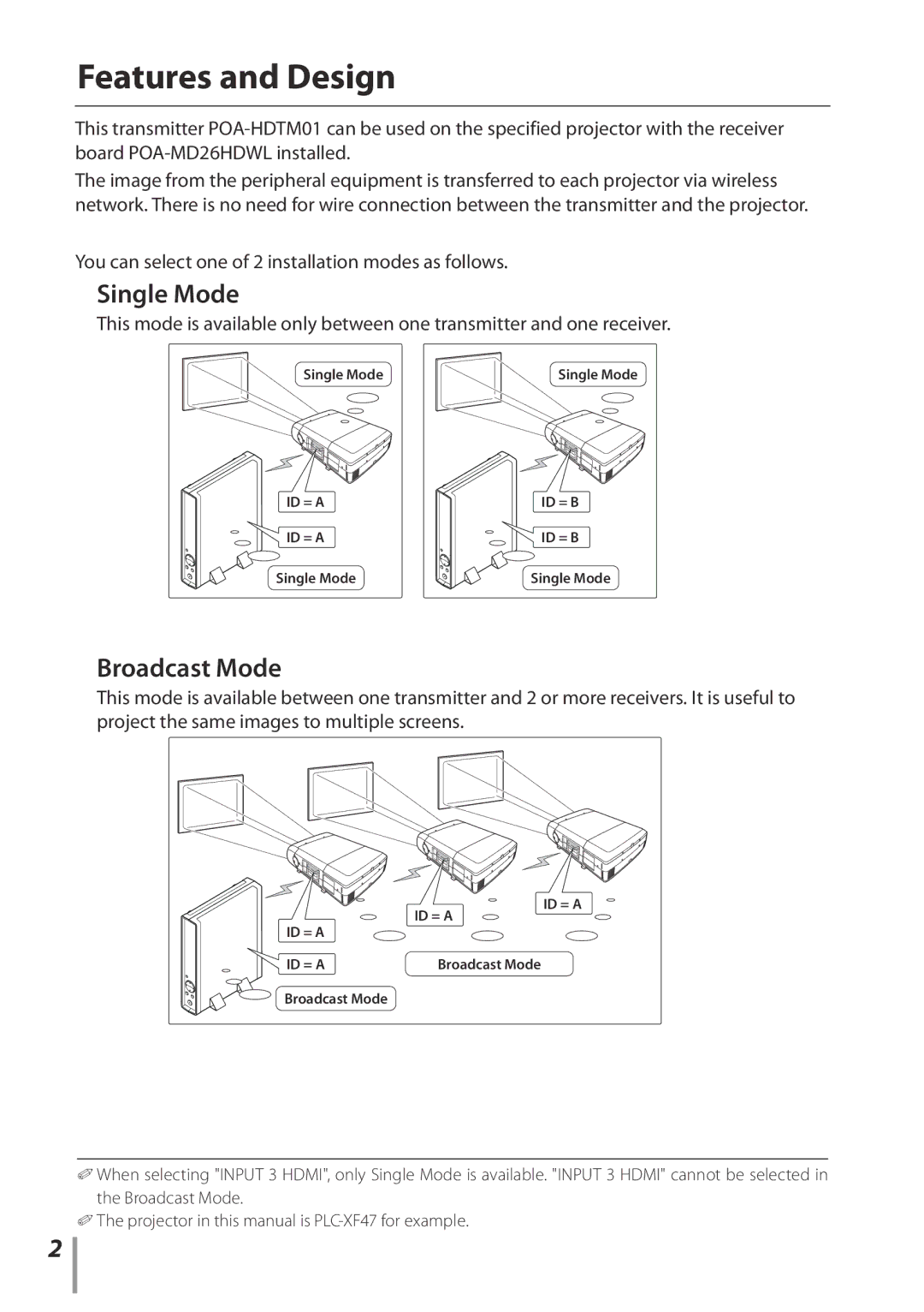 Sanyo POA-HDTM01 Features and Design, Single Mode, Broadcast Mode, You can select one of 2 installation modes as follows 