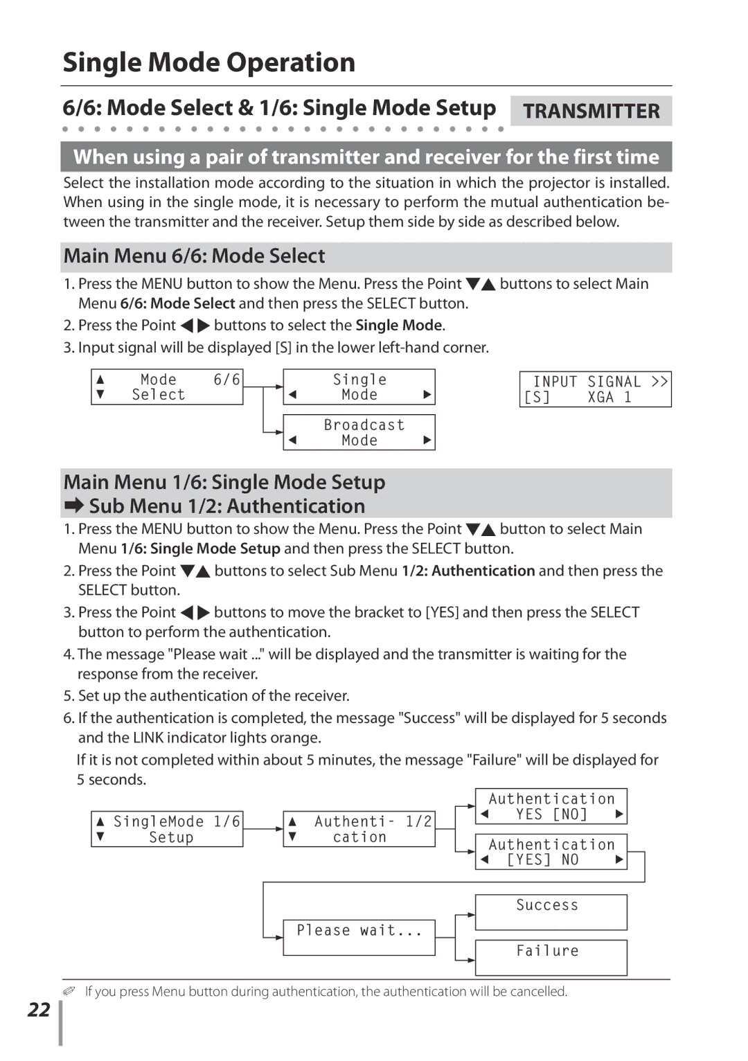 Sanyo POA-HDTM01 Single Mode Operation, Mode Select & 1/6 Single Mode Setup Transmitter, Main Menu 6/6 Mode Select 