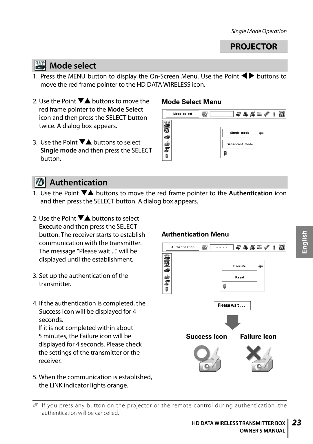 Sanyo POA-HDTM01 owner manual Mode select, Authentication Menu Success icon Failure icon 