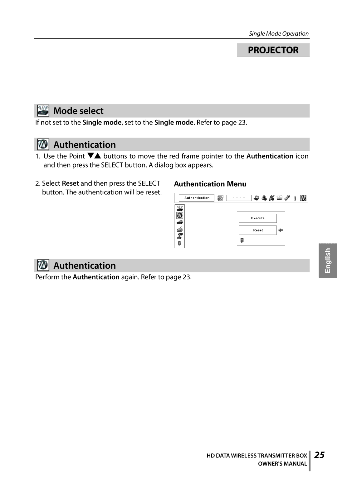 Sanyo POA-HDTM01 owner manual Authentication Menu, Button. The authentication will be reset 