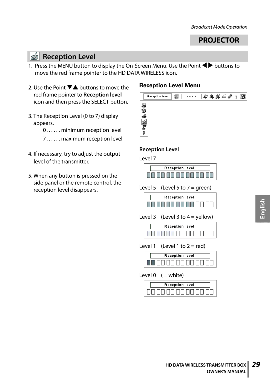 Sanyo POA-HDTM01 owner manual Reception Level Menu 