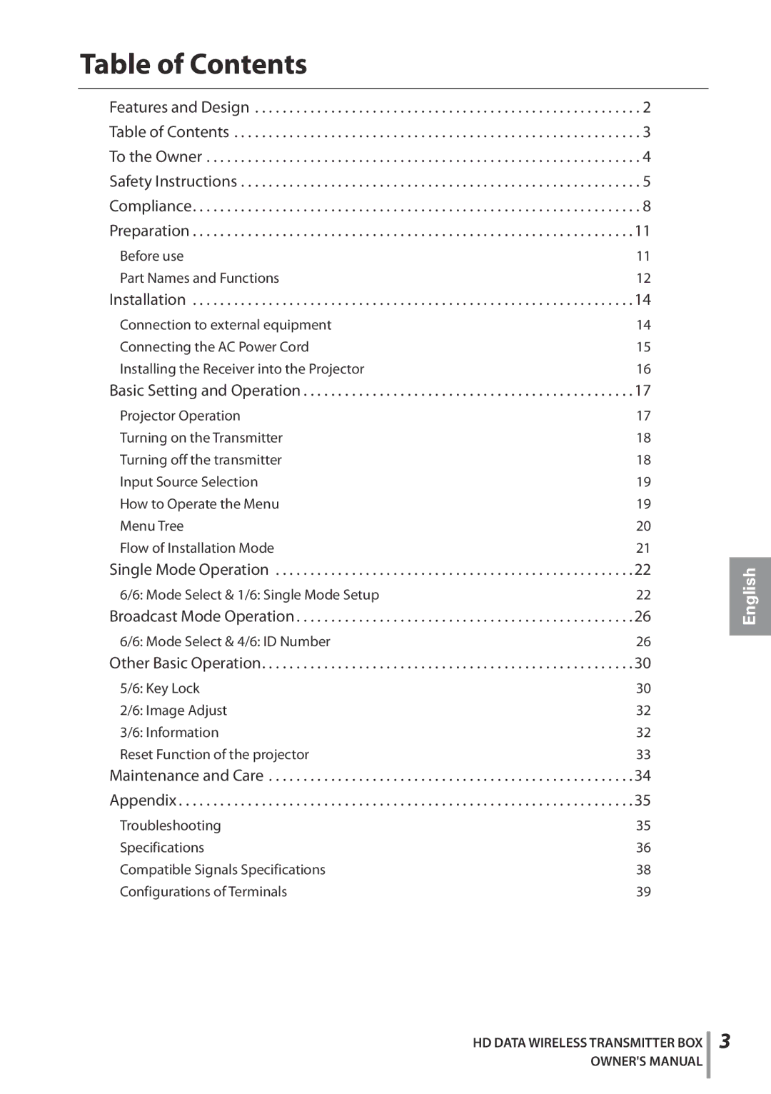 Sanyo POA-HDTM01 owner manual Table of Contents 