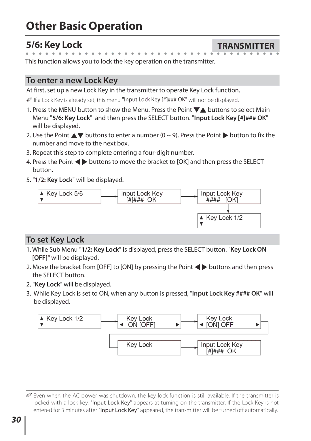 Sanyo POA-HDTM01 owner manual Other Basic Operation, To enter a new Lock Key, To set Key Lock 