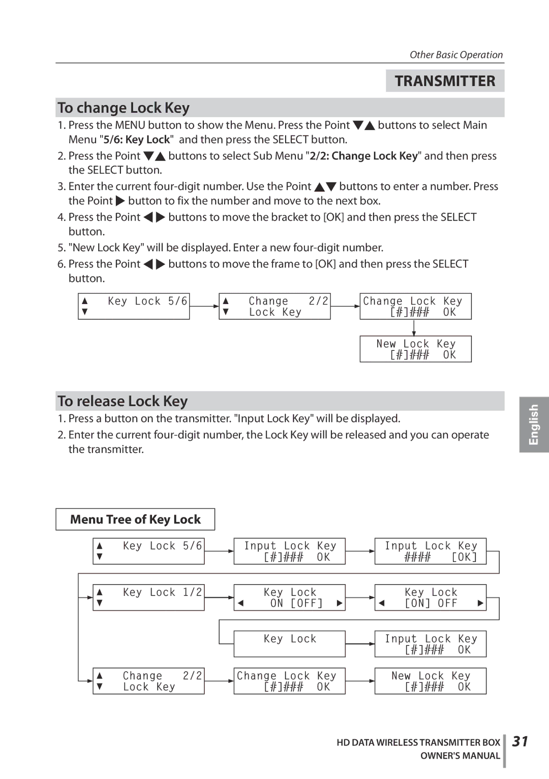 Sanyo POA-HDTM01 owner manual To change Lock Key, To release Lock Key 