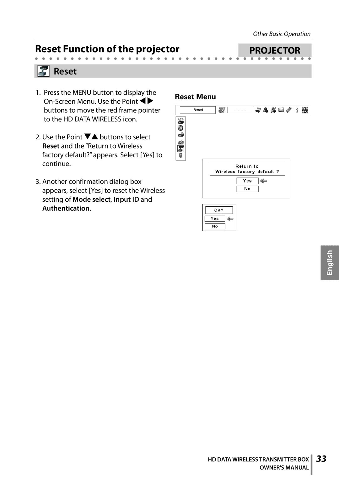 Sanyo POA-HDTM01 owner manual Reset Function of the projector, Press the Menu button to display, Reset Menu 