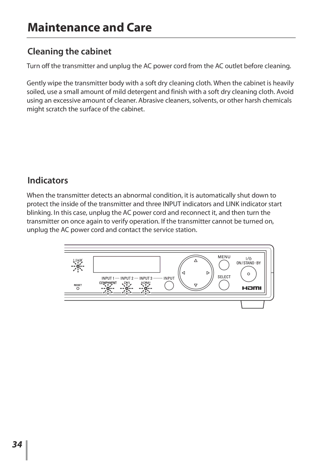 Sanyo POA-HDTM01 owner manual Maintenance and Care, Cleaning the cabinet, Indicators 