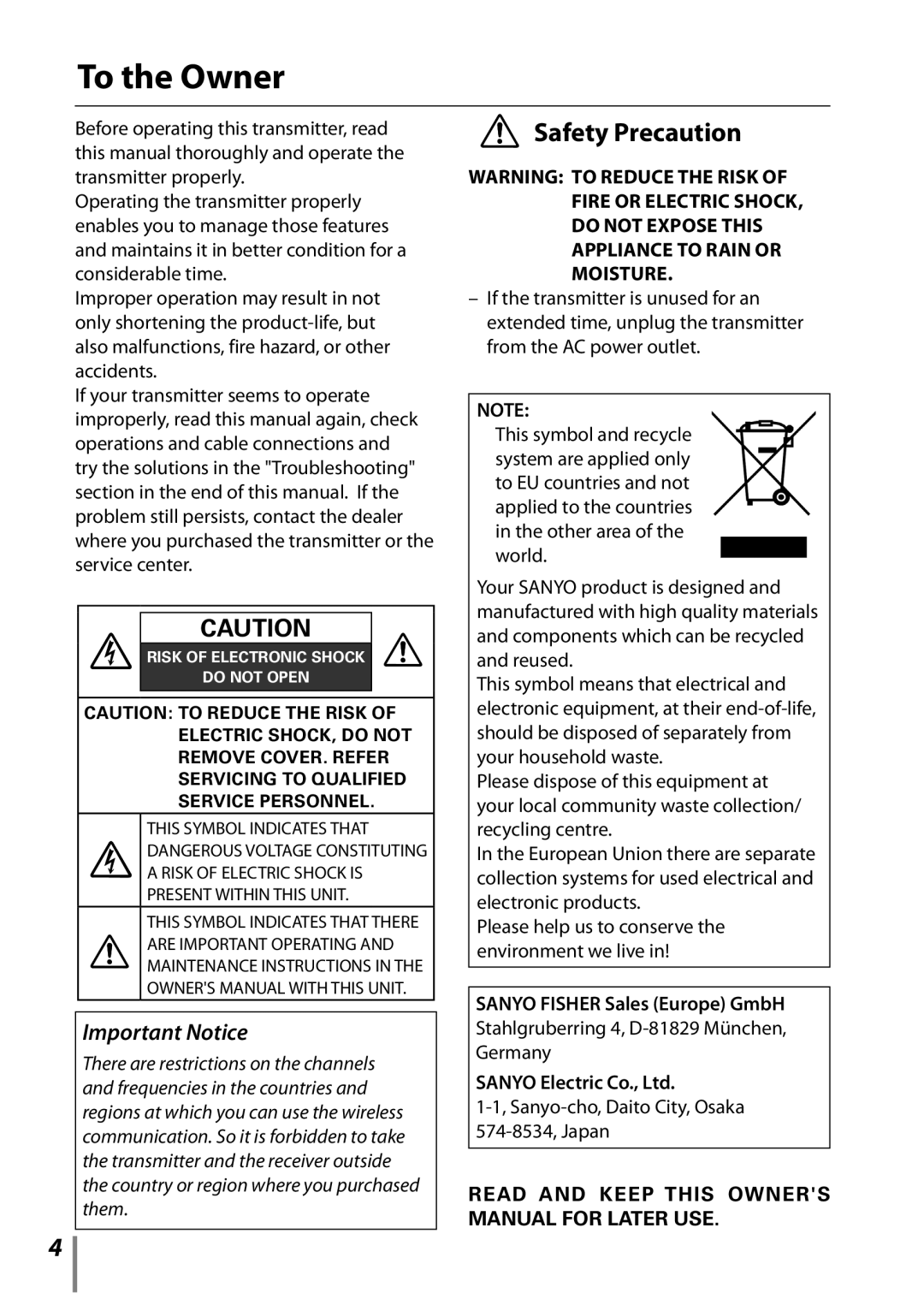 Sanyo POA-HDTM01 owner manual To the Owner, Safety Precaution, Sanyo Fisher Sales Europe GmbH 