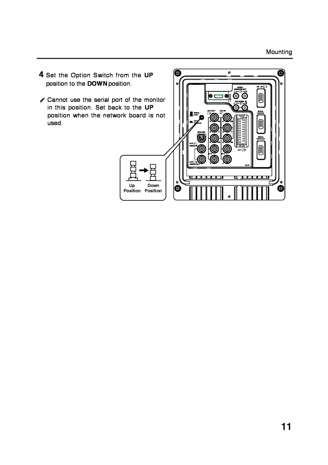 Sanyo POA-LN01 Mounting, Set the Option Switch from the UP position to the DOWN position, Up Down Position Position 