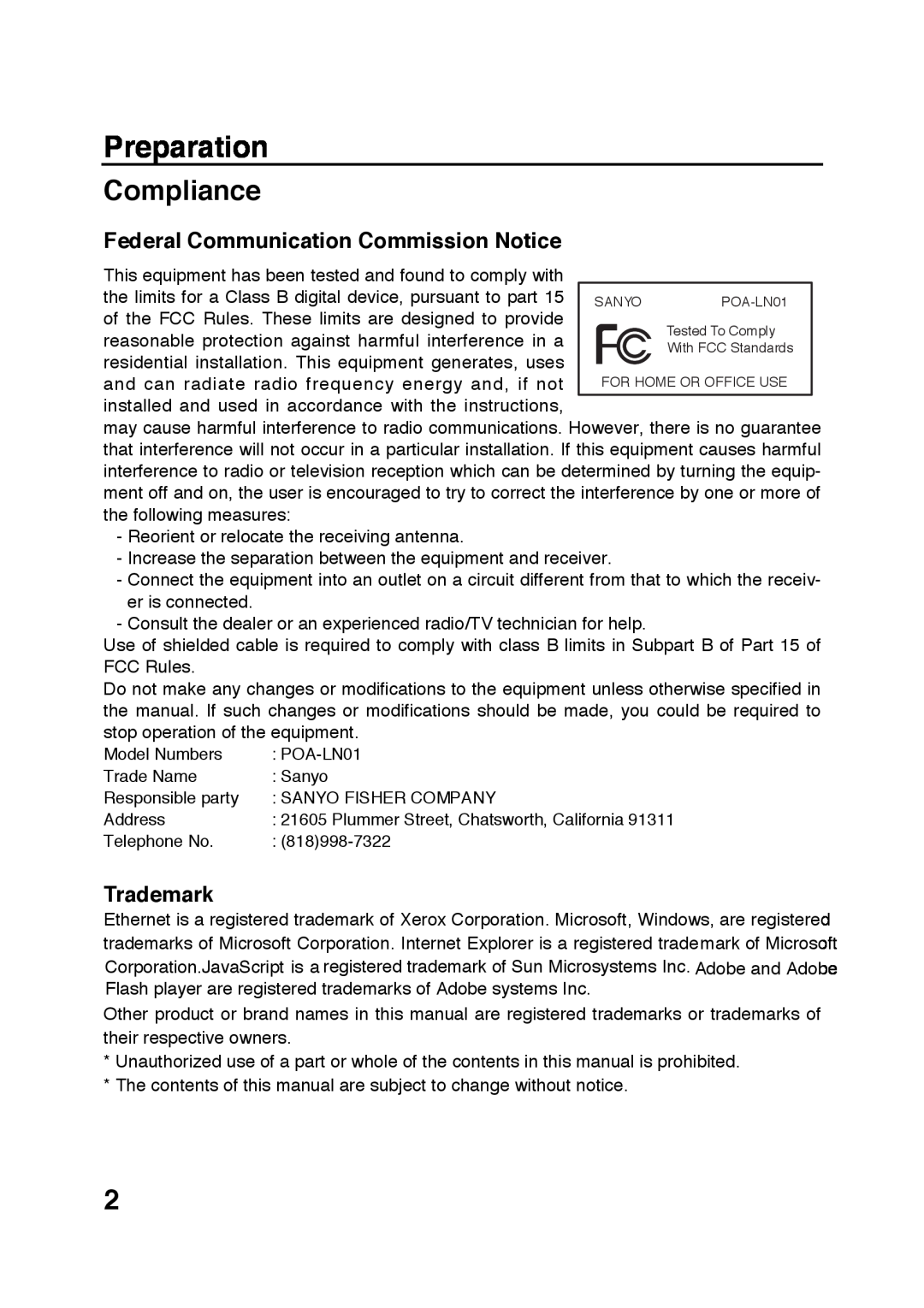 Sanyo POA-LN01 appendix Preparation, Compliance, Federal Communication Commission Notice, Trademark 