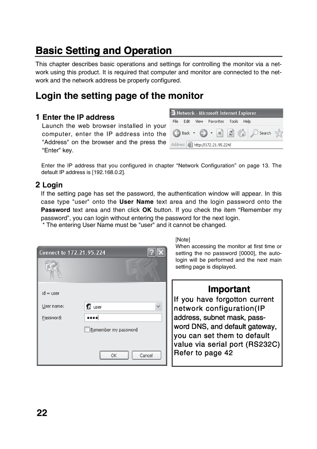 Sanyo POA-LN01 appendix Basic Setting and Operation, Login the setting page of the monitor, Enter the IP address 