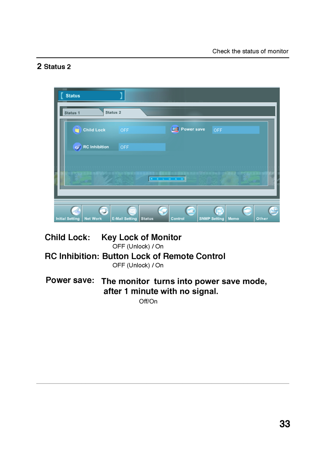 Sanyo POA-LN01 appendix Child Lock Key Lock of Monitor, RC Inhibition Button Lock of Remote Control, Status, Off/On 