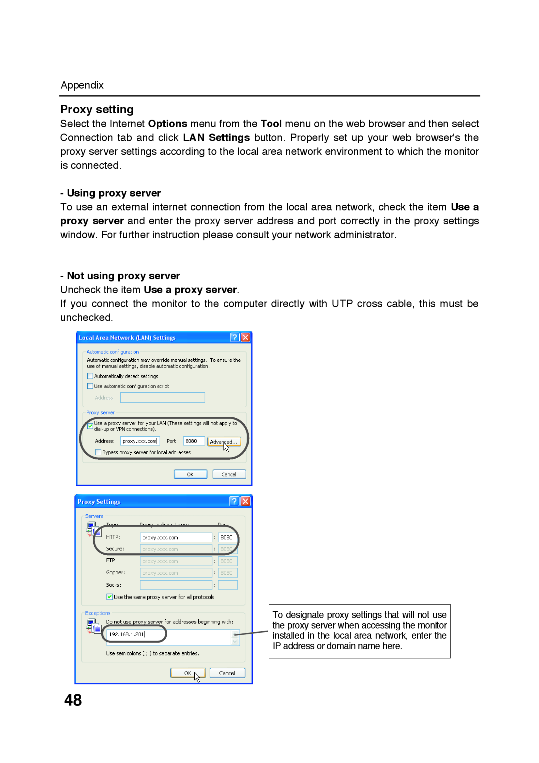 Sanyo POA-LN01 appendix Proxy setting, Using proxy server, Not using proxy server 