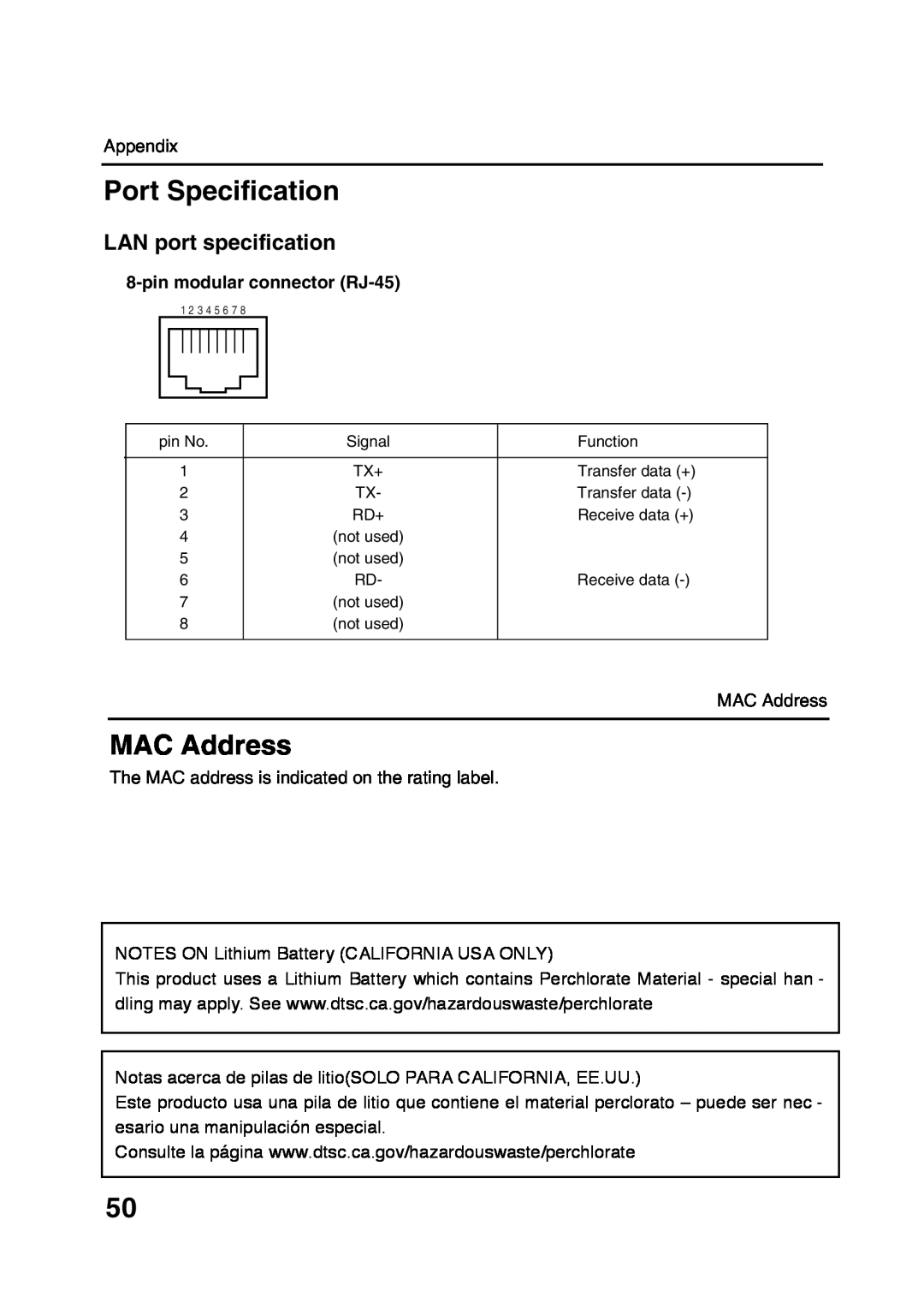 Sanyo POA-LN01 appendix Port Specification, MAC Address, LAN port specification 
