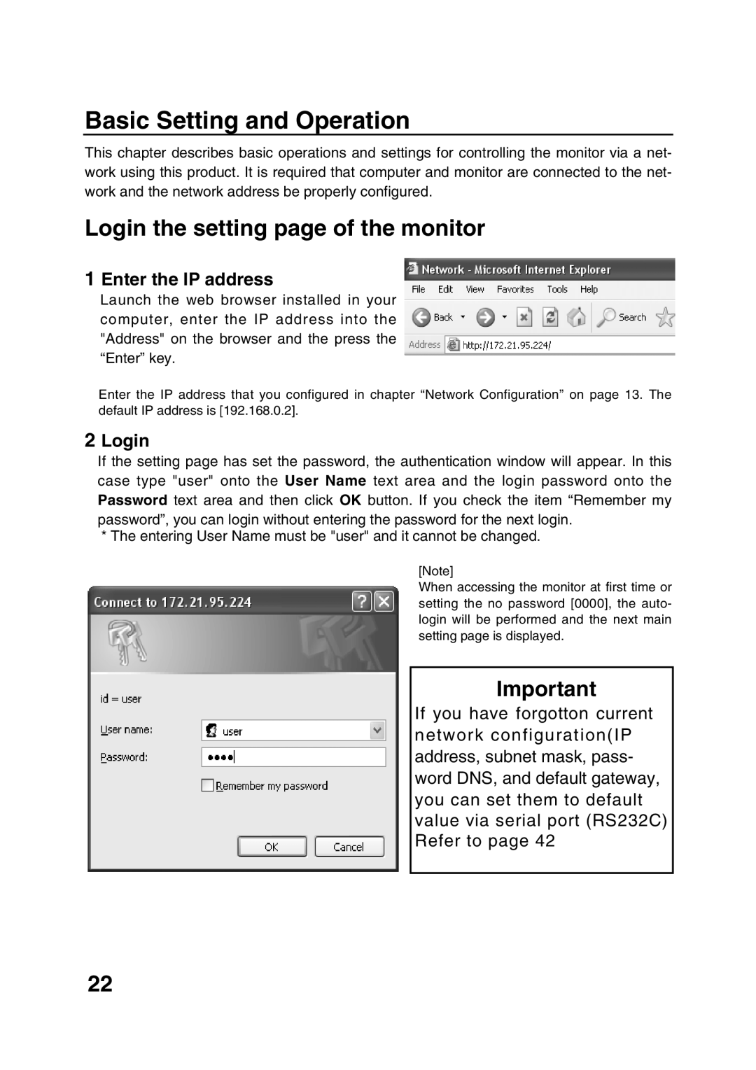 Sanyo POA-LN01 appendix Basic Setting and Operation, Login the setting page of the monitor, Enter the IP address 