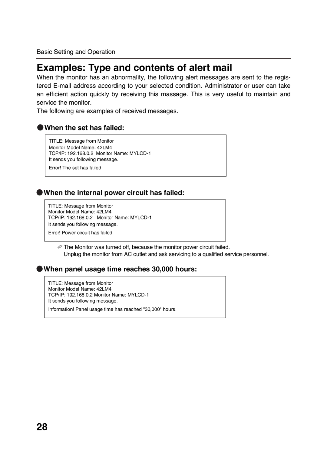 Sanyo POA-LN01 appendix Examples Type and contents of alert mail 