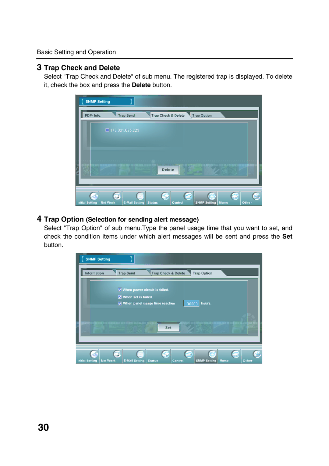 Sanyo POA-LN01 appendix Trap Check and Delete, Trap Option Selection for sending alert message 