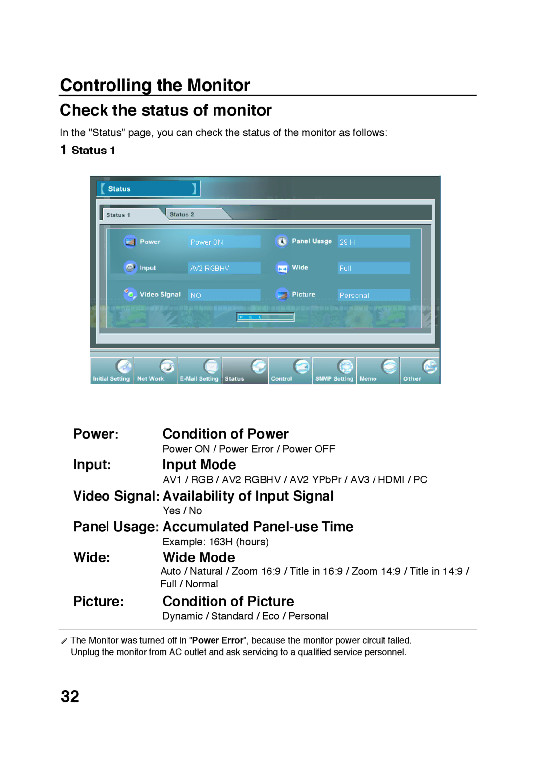 Sanyo POA-LN01 appendix Controlling the Monitor, Check the status of monitor, Status 