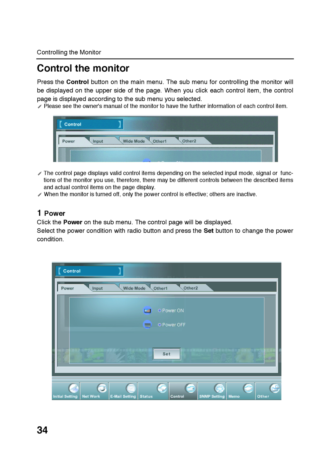 Sanyo POA-LN01 appendix Control the monitor, Power 