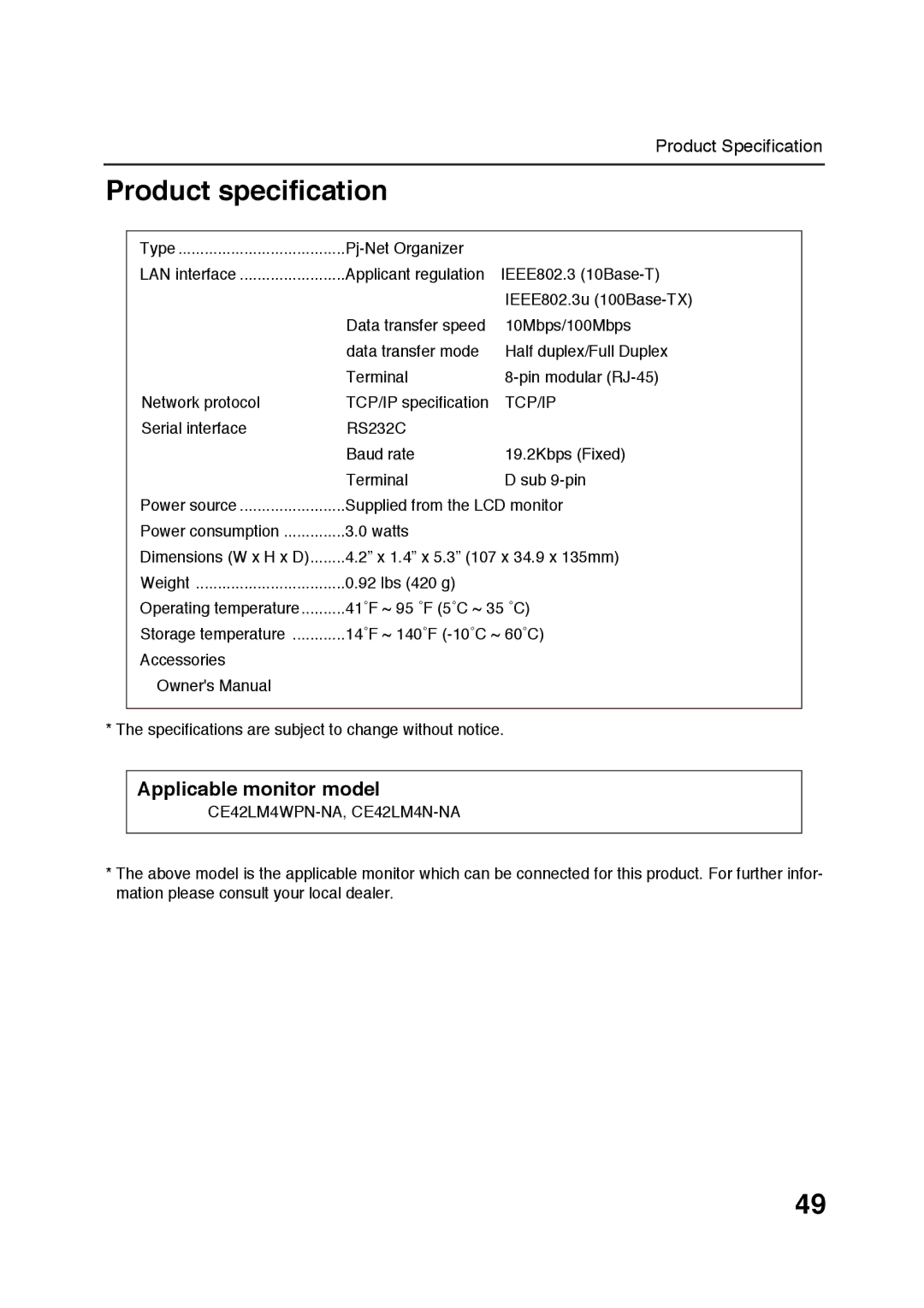 Sanyo POA-LN01 appendix Product specification, Applicable monitor model 