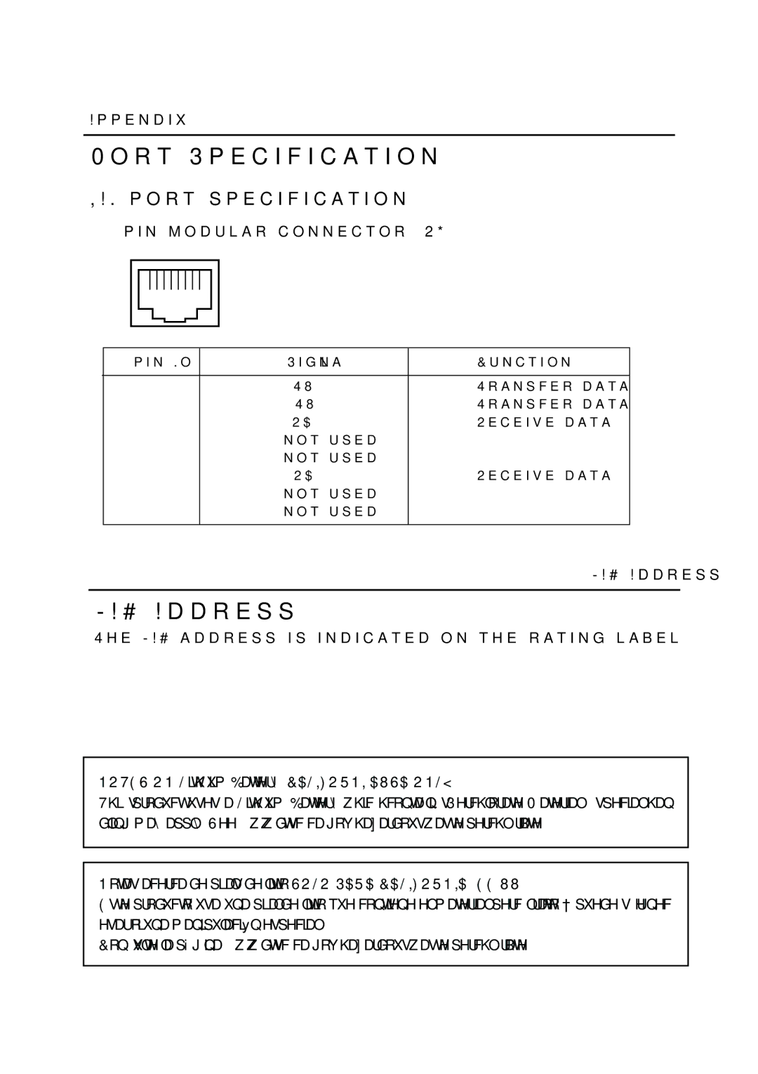 Sanyo POA-LN01 appendix Port Specification, MAC Address, LAN port specification, Pin modular connector RJ-45 