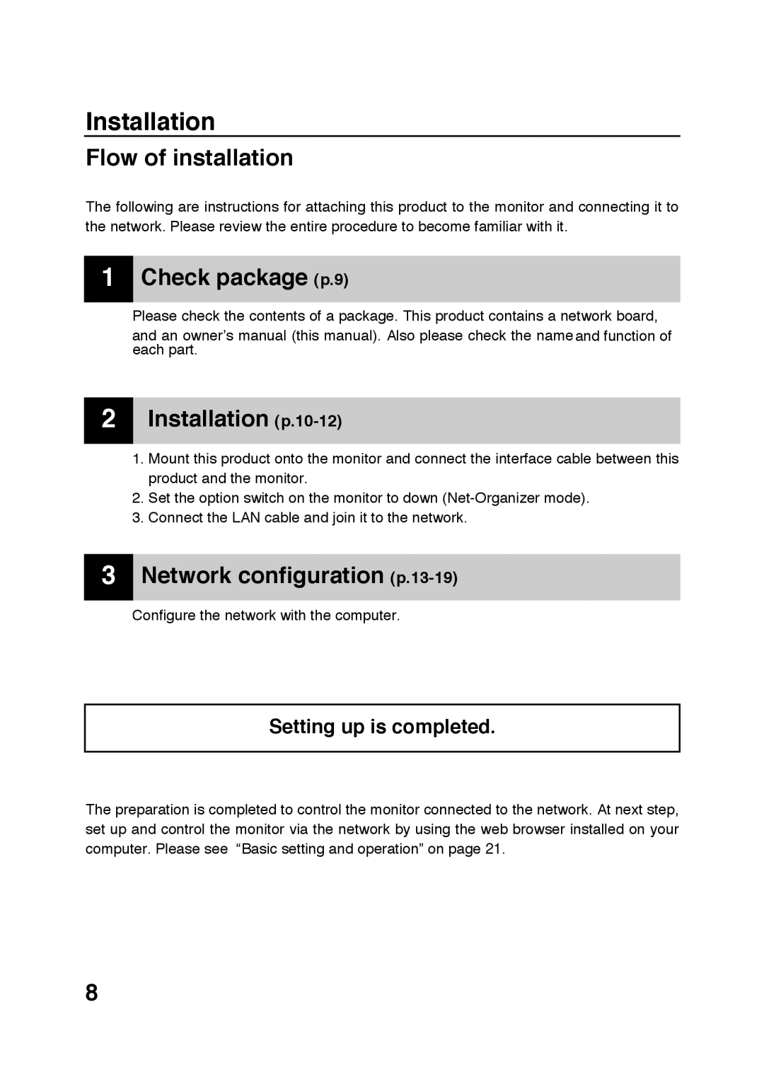 Sanyo POA-LN01 appendix Flow of installation, Check package p.9, Installation p.10-12, Network configuration p.13-19 