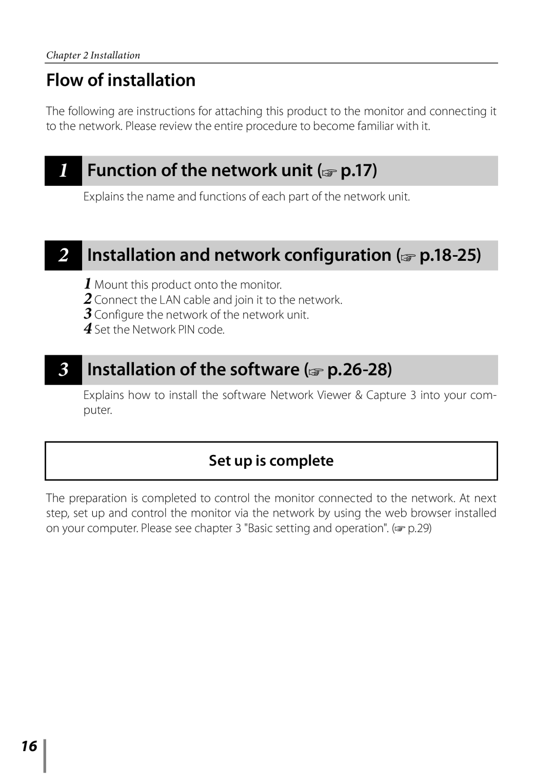 Sanyo POA-LN02 Flow of installation, Function of the network unit p.17, Installation and network configuration p.18-25 