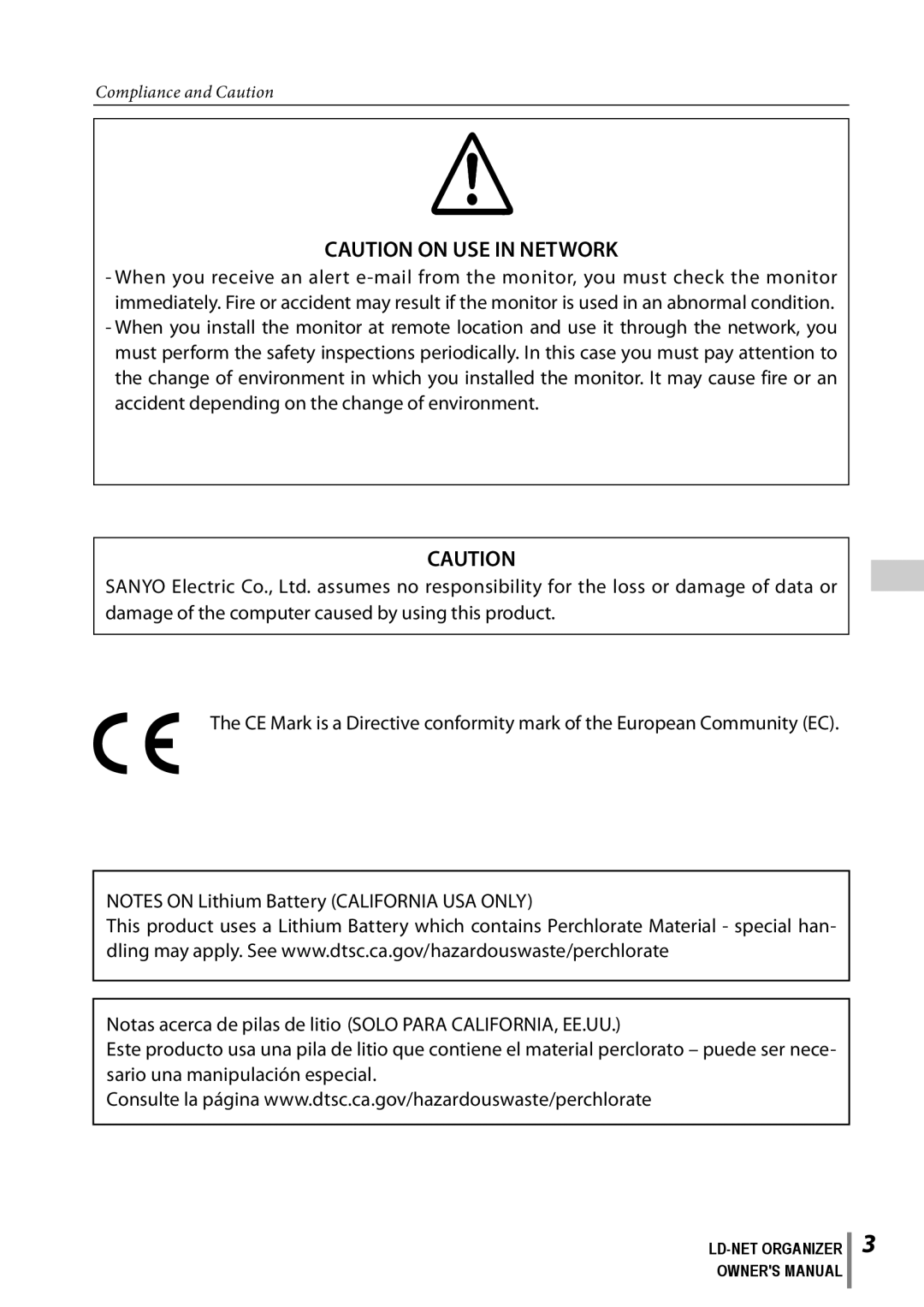 Sanyo POA-LN02 owner manual caution ON Use in network 