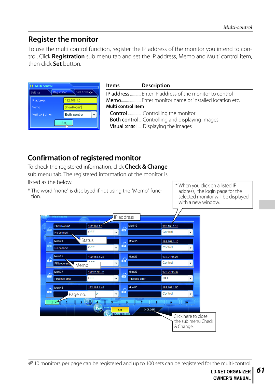 Sanyo POA-LN02 Register the monitor, Confirmation of registered monitor, Multi-control, Items, Description, Visual control 