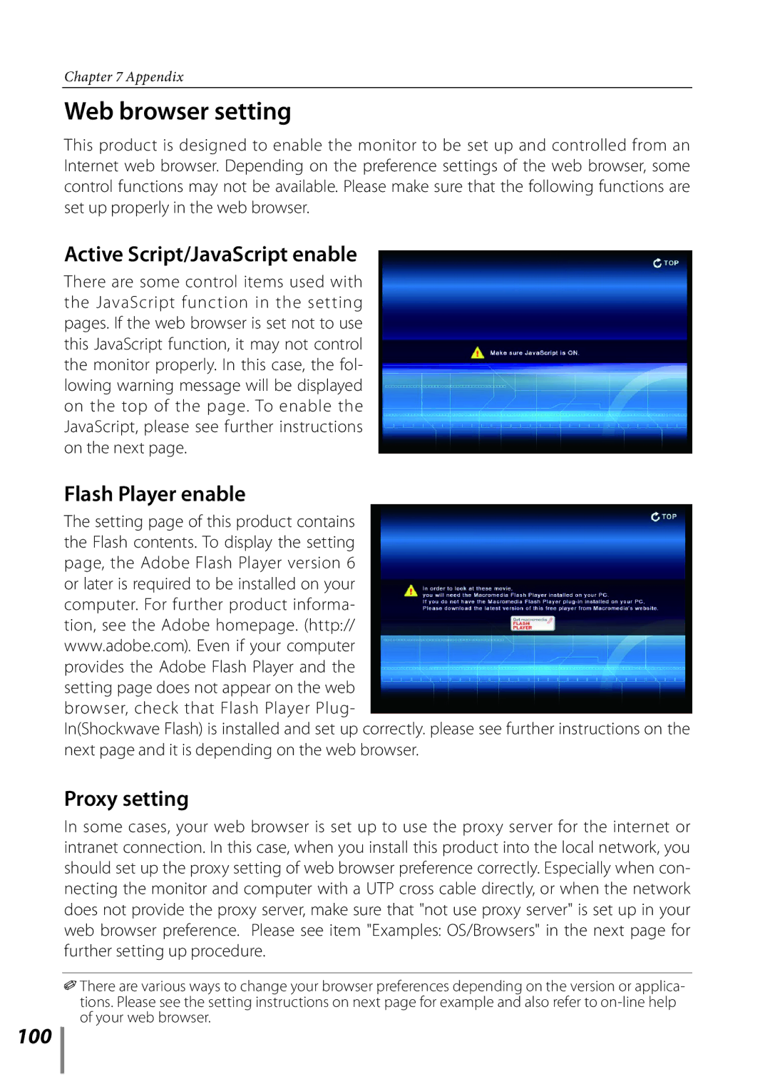 Sanyo POA-LN02 owner manual Web browser setting, Active Script/JavaScript enable, Flash Player enable, Proxy setting, 100 