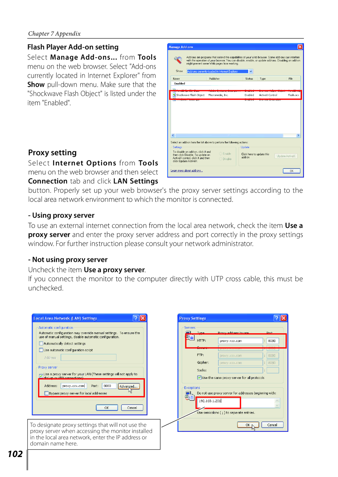 Sanyo POA-LN02 owner manual 102, Flash Player Add-on setting, Using proxy server, Not using proxy server 