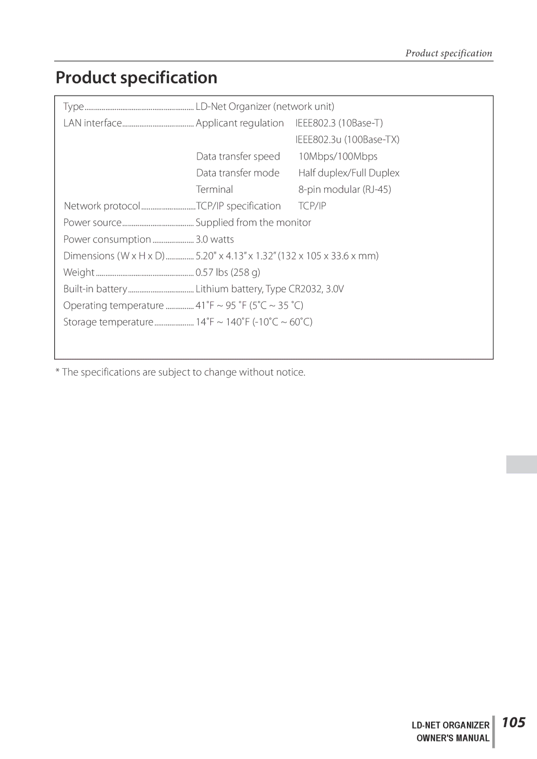 Sanyo POA-LN02 owner manual Product specification, 105 