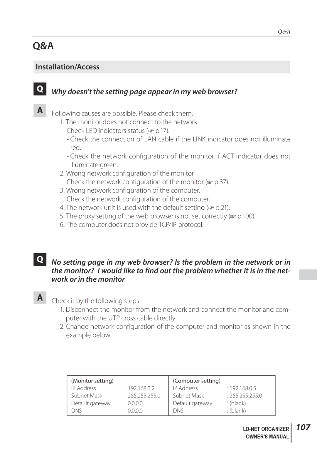 Sanyo POA-LN02 owner manual 107, Why doesn’t the setting page appear in my web browser? 