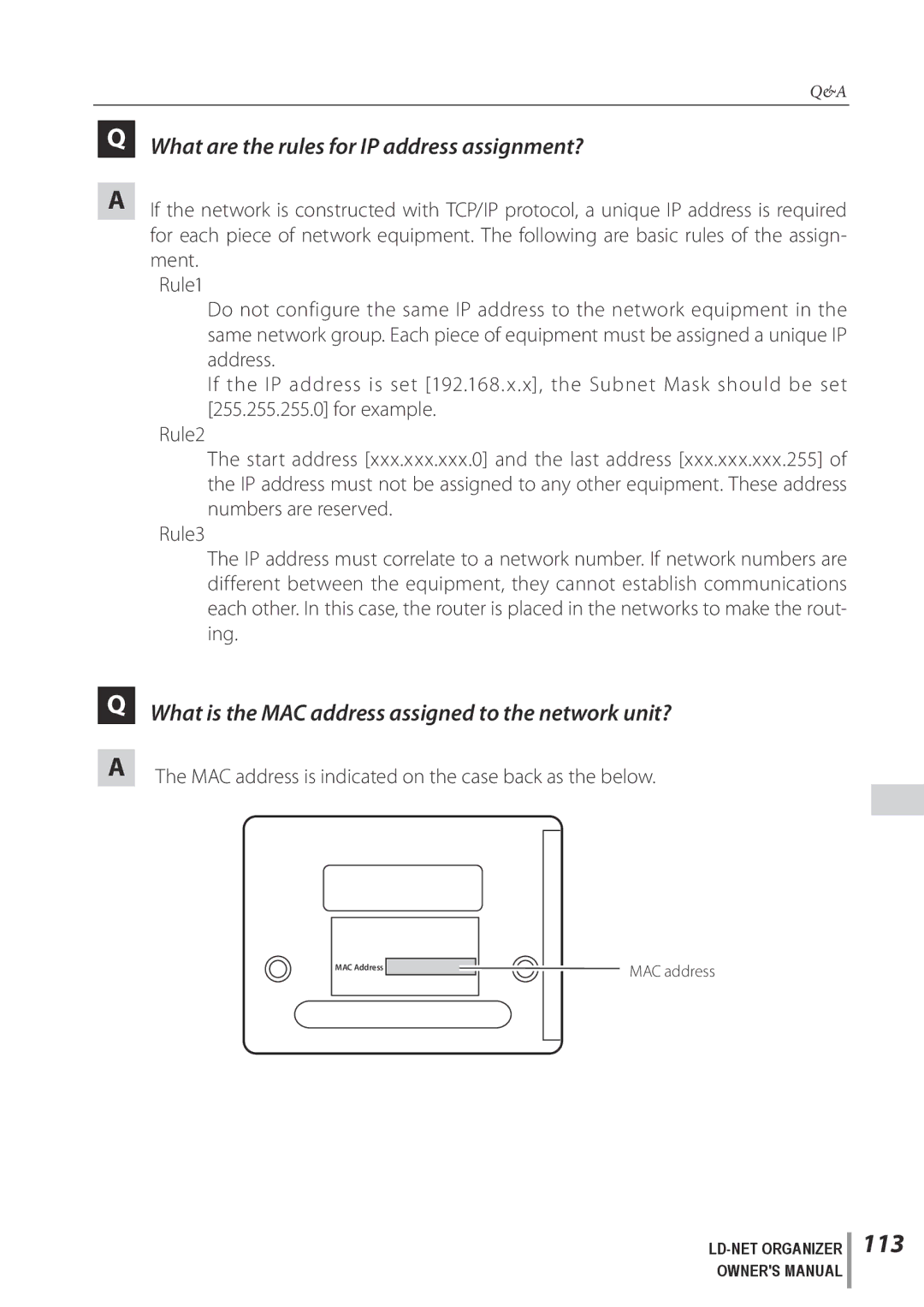 Sanyo POA-LN02 113, What are the rules for IP address assignment?, What is the MAC address assigned to the network unit? 