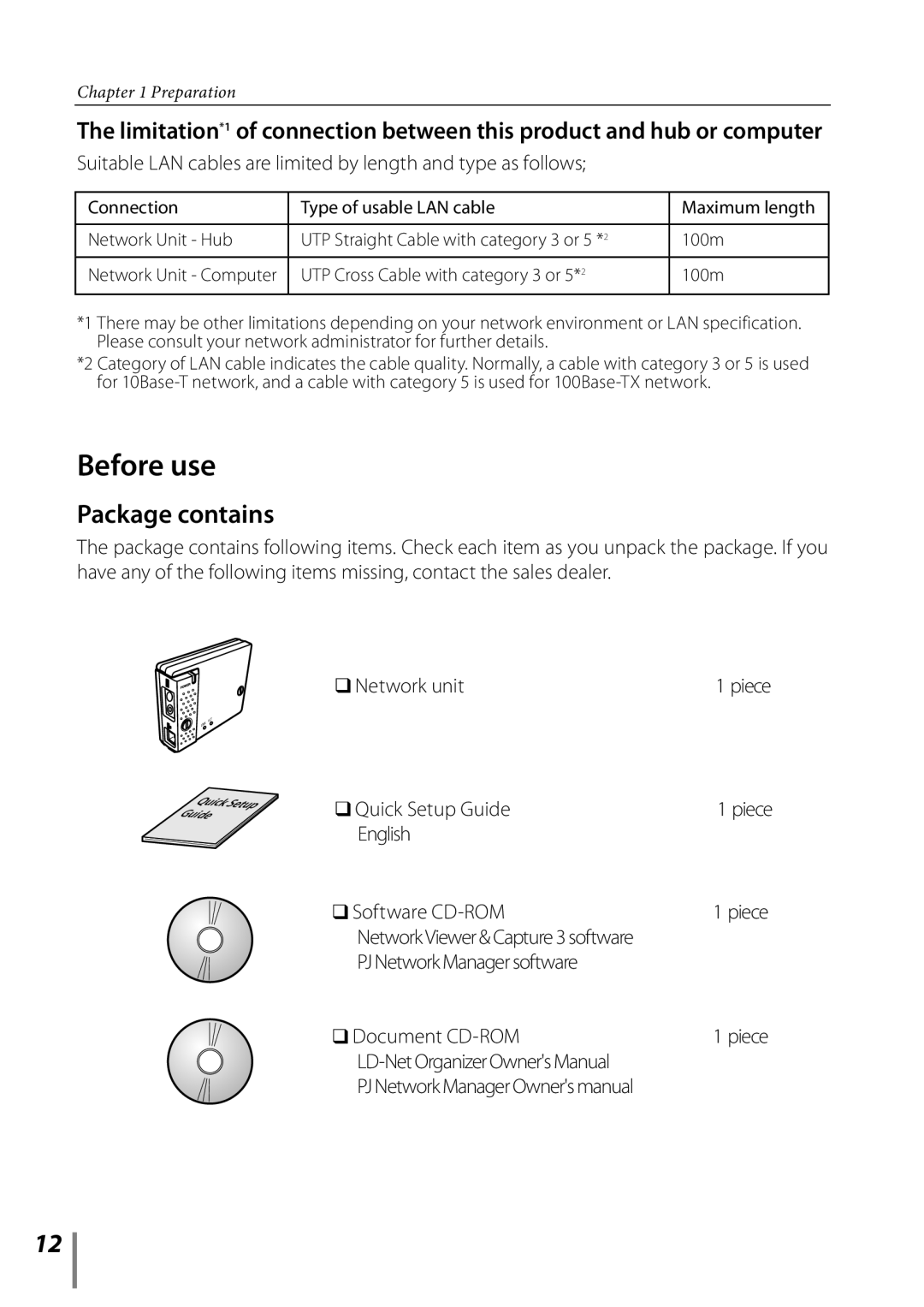 Sanyo POA-LN02 owner manual Before use, Package contains, Network unit, Quick Setup Guide, English Software CD-ROM 