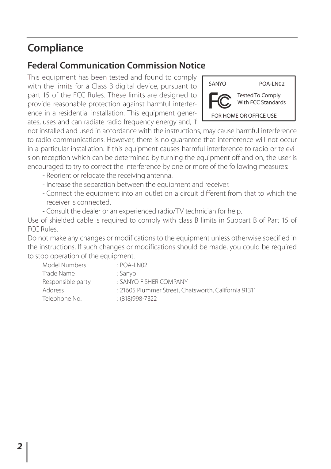 Sanyo POA-LN02 owner manual Compliance, Federal Communication Commission Notice, Address, Telephone No 818998-7322 