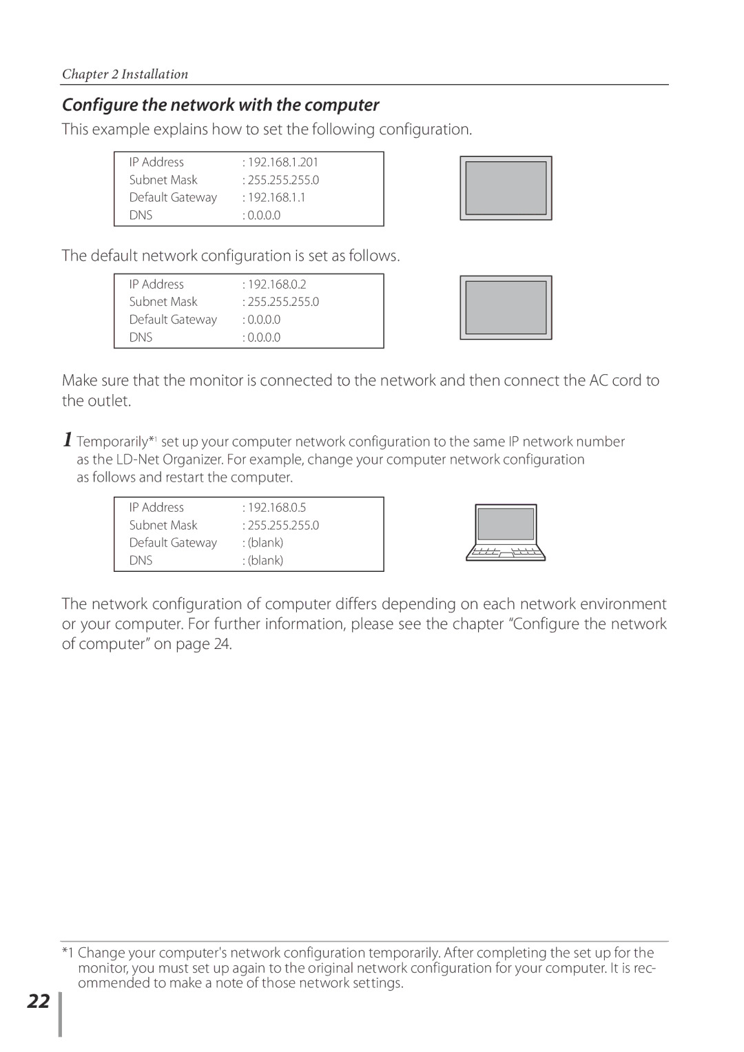 Sanyo POA-LN02 owner manual Configure the network with the computer, Default network configuration is set as follows 