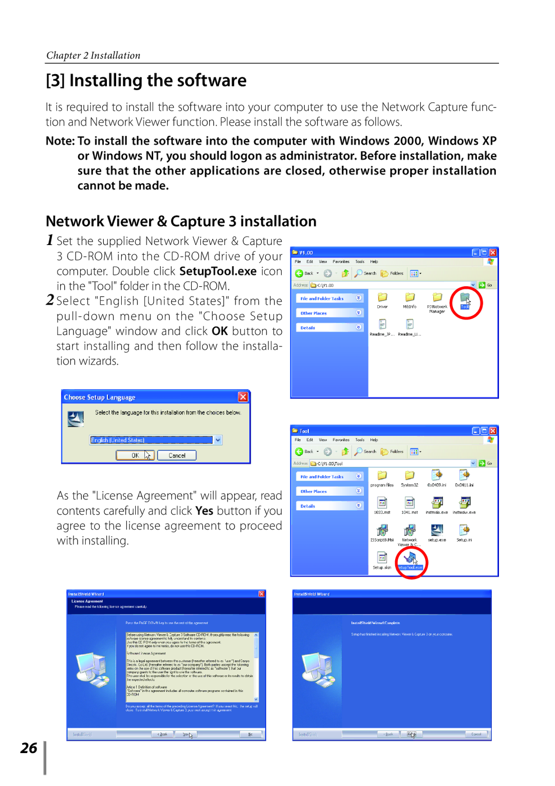 Sanyo POA-LN02 Installing the software, Network Viewer & Capture 3 installation, Set the supplied Network Viewer & Capture 