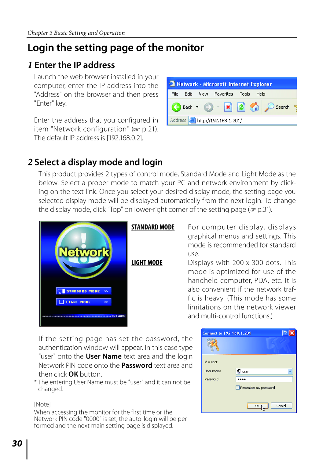 Sanyo POA-LN02 owner manual Login the setting page of the monitor, Enter the IP address, Select a display mode and login 