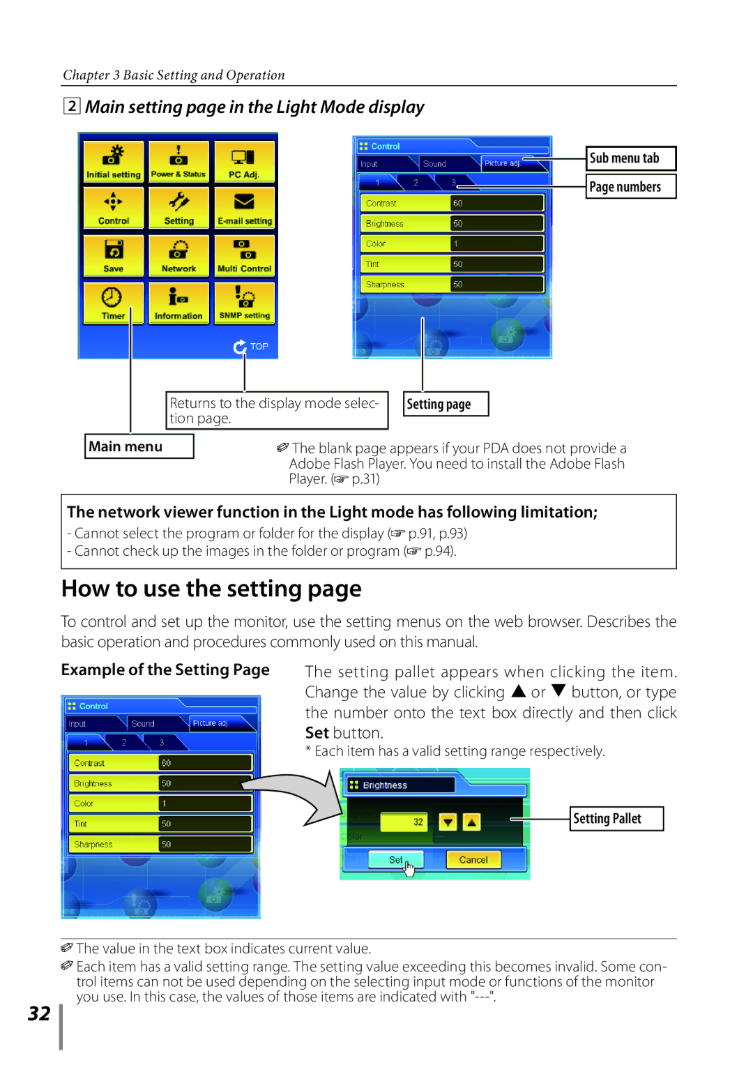 Sanyo POA-LN02 How to use the setting, Main setting page in the Light Mode display, Example of the Setting, Set button 