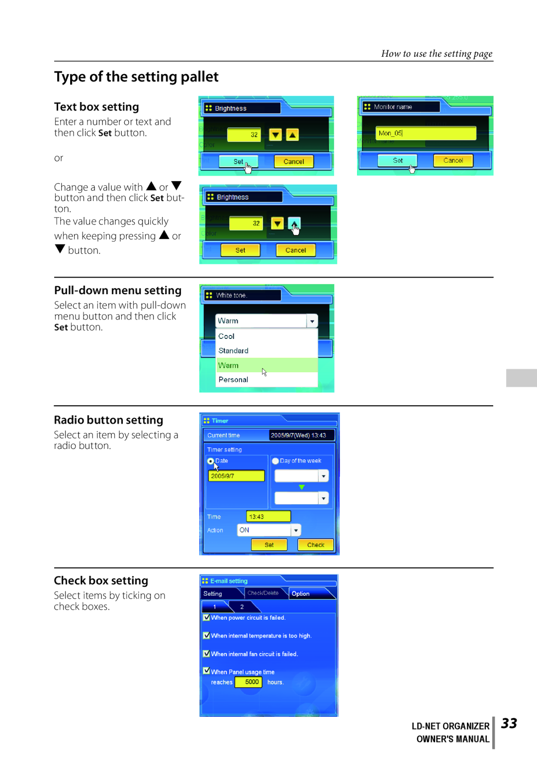 Sanyo POA-LN02 owner manual Type of the setting pallet, Text box setting, Pull-down menu setting, Radio button setting 