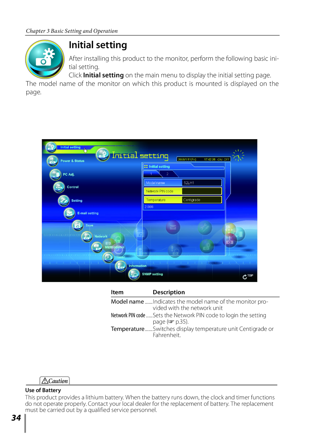 Sanyo POA-LN02 owner manual Initial setting, Description, Use of Battery 