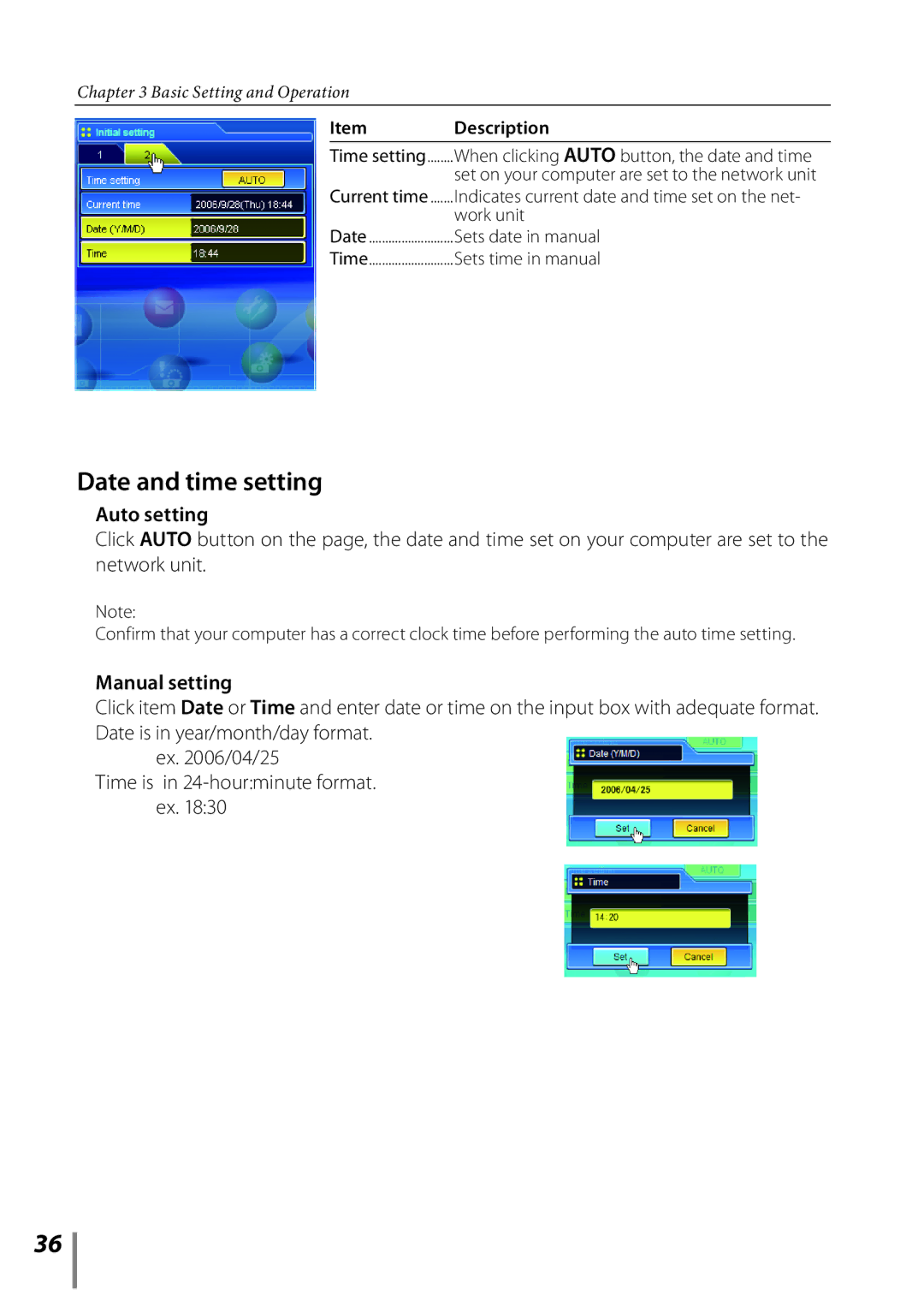 Sanyo POA-LN02 owner manual Date and time setting, Auto setting, Manual setting 