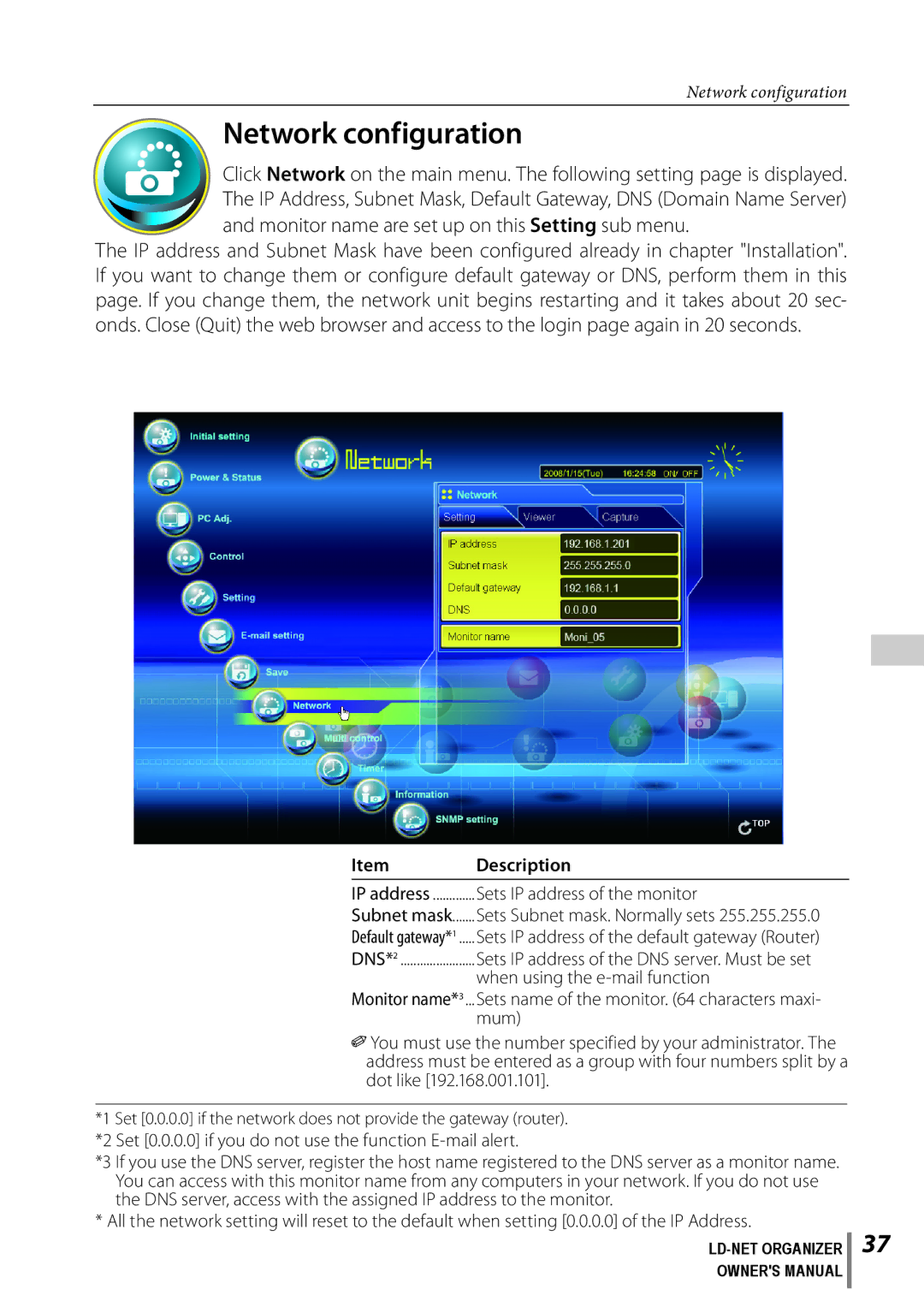 Sanyo POA-LN02 owner manual Network configuration, Sets IP address of the monitor 