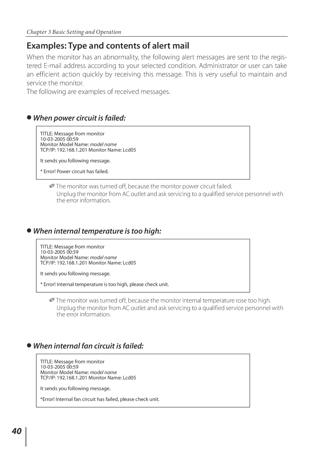 Sanyo POA-LN02 owner manual Examples Type and contents of alert mail 