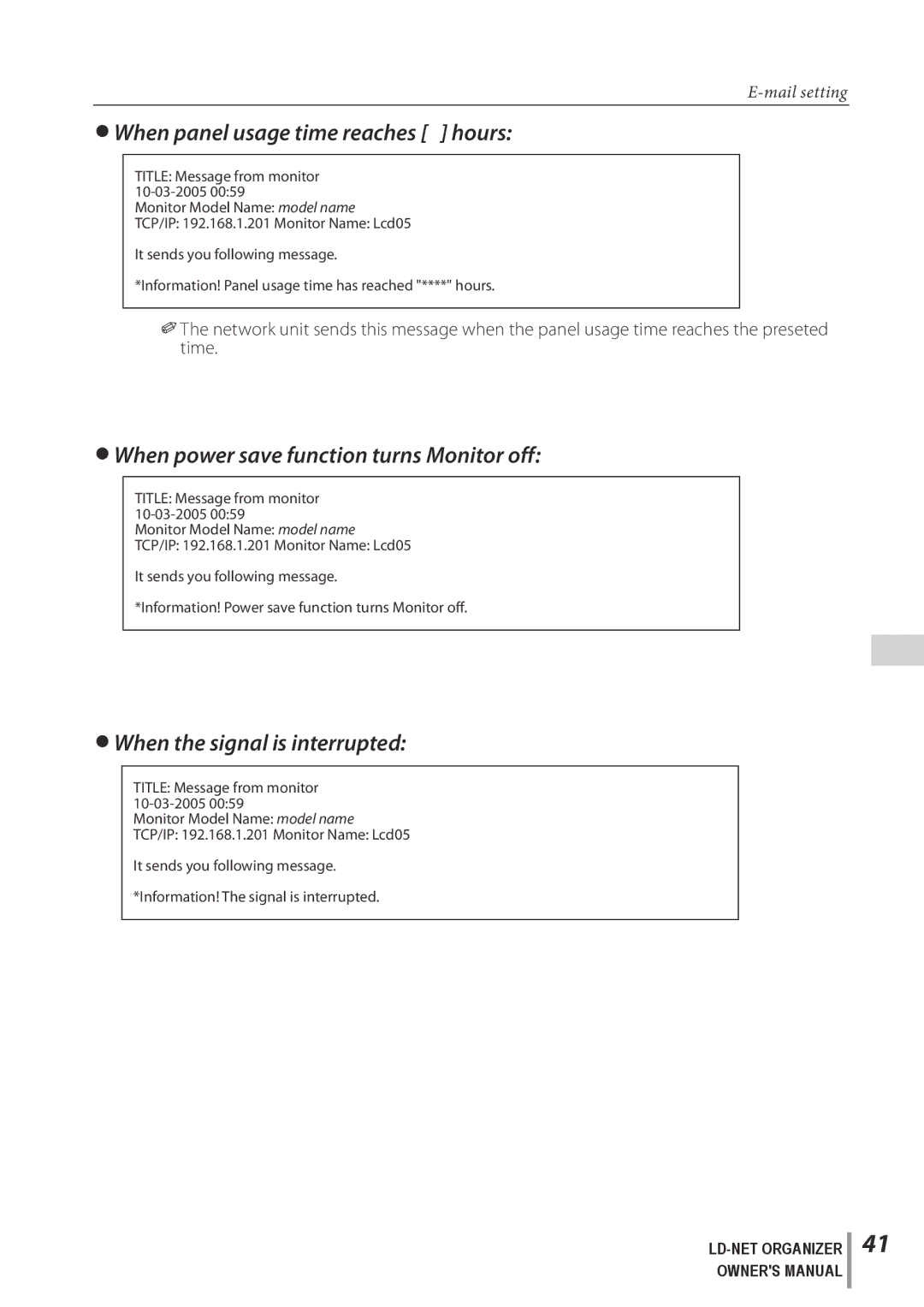 Sanyo POA-LN02 owner manual When panel usage time reaches hours, When power save function turns Monitor off 