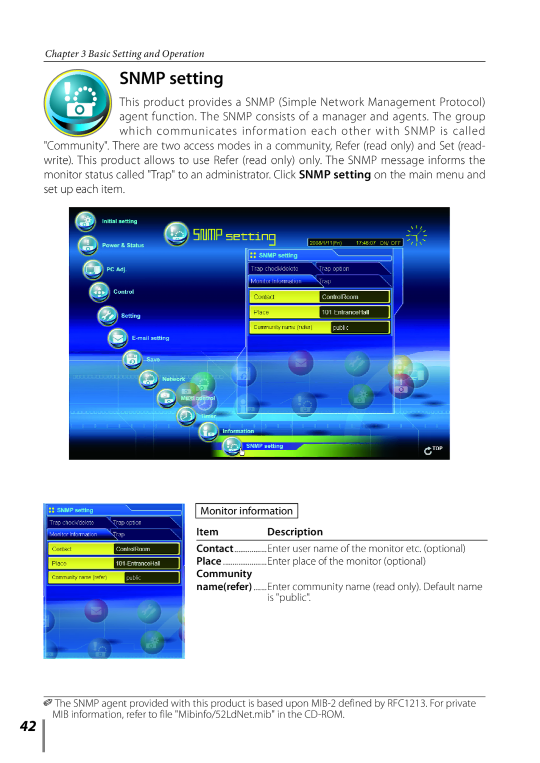 Sanyo POA-LN02 Snmp setting, Enter user name of the monitor etc. optional, Enter place of the monitor optional, Community 